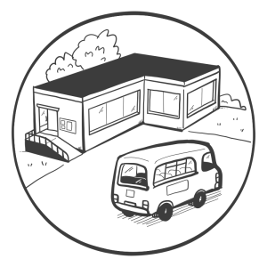 Illustration - a community centre with a minibus parked outside