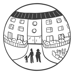Illustration - a block of flats with gardens