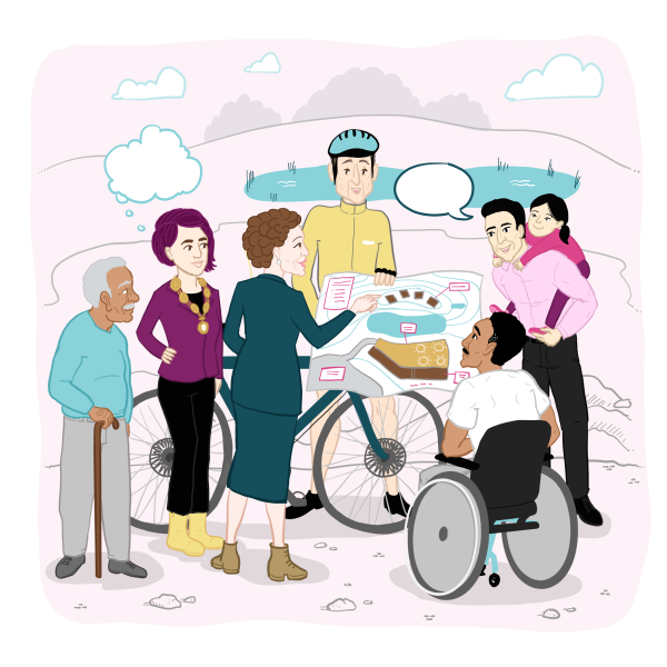 Illustration - a group of citizens and professionals is outdoors, gathered around plans they are discussing