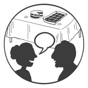 Illustration - people talking near a table with cake