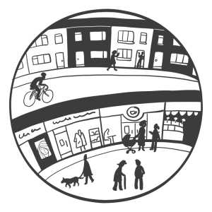 Illustration - a town street with shops and houses